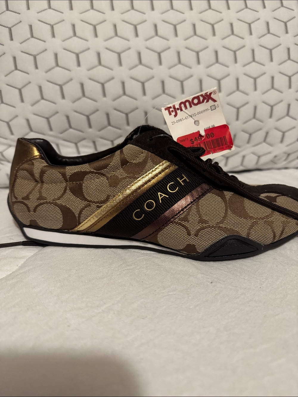 Coach Brown Monogram Sneakers with Gold Accent - Picture 2 of 5